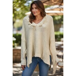 BIBI Cream V Neck Fringe Detail Oversized Poncho Sweater Knit Top XL